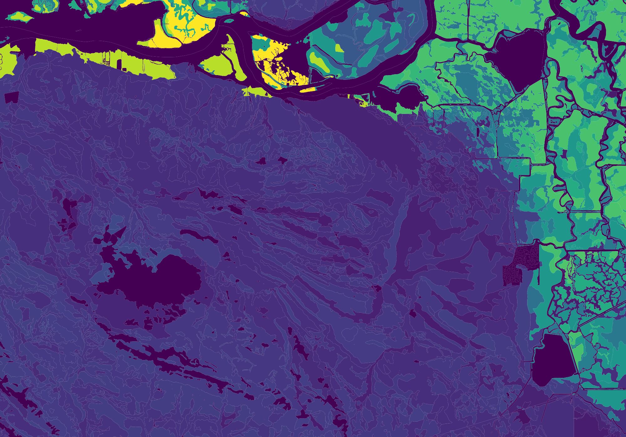 Aerial view of a river delta and the surrounding landscape